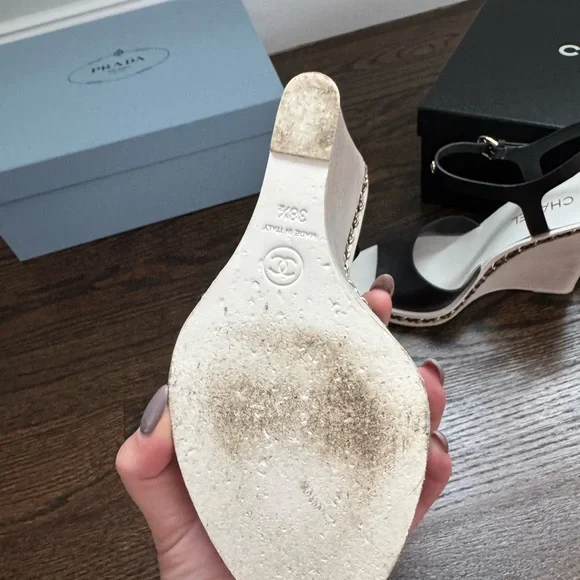 Chanel Black Leather Chain Link CC Wedge Ankle Strap Sandals - Picture 4 of 7